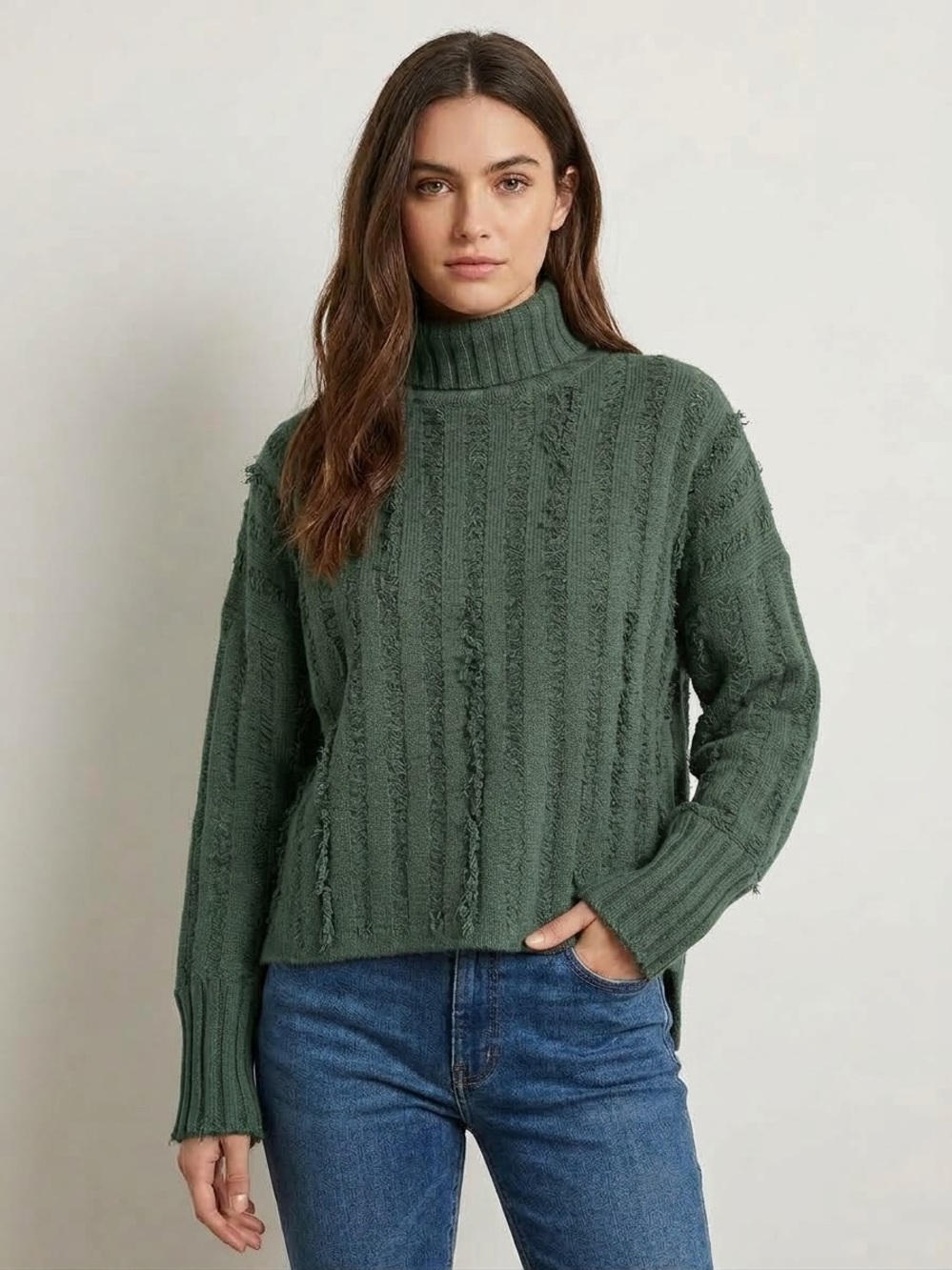Gilli S Olive Green Distressed Turtleneck Sweater High Low Soft Knit